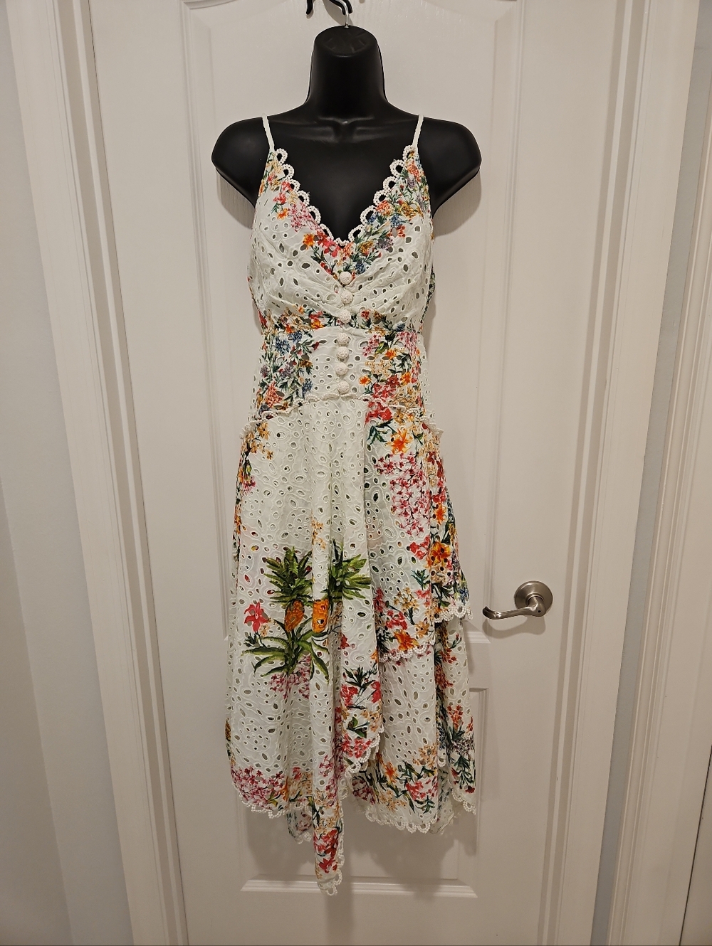 Farm Rio NWT S Delicate Forest Scarves Midi Dress Bird Print Eyelet Lace